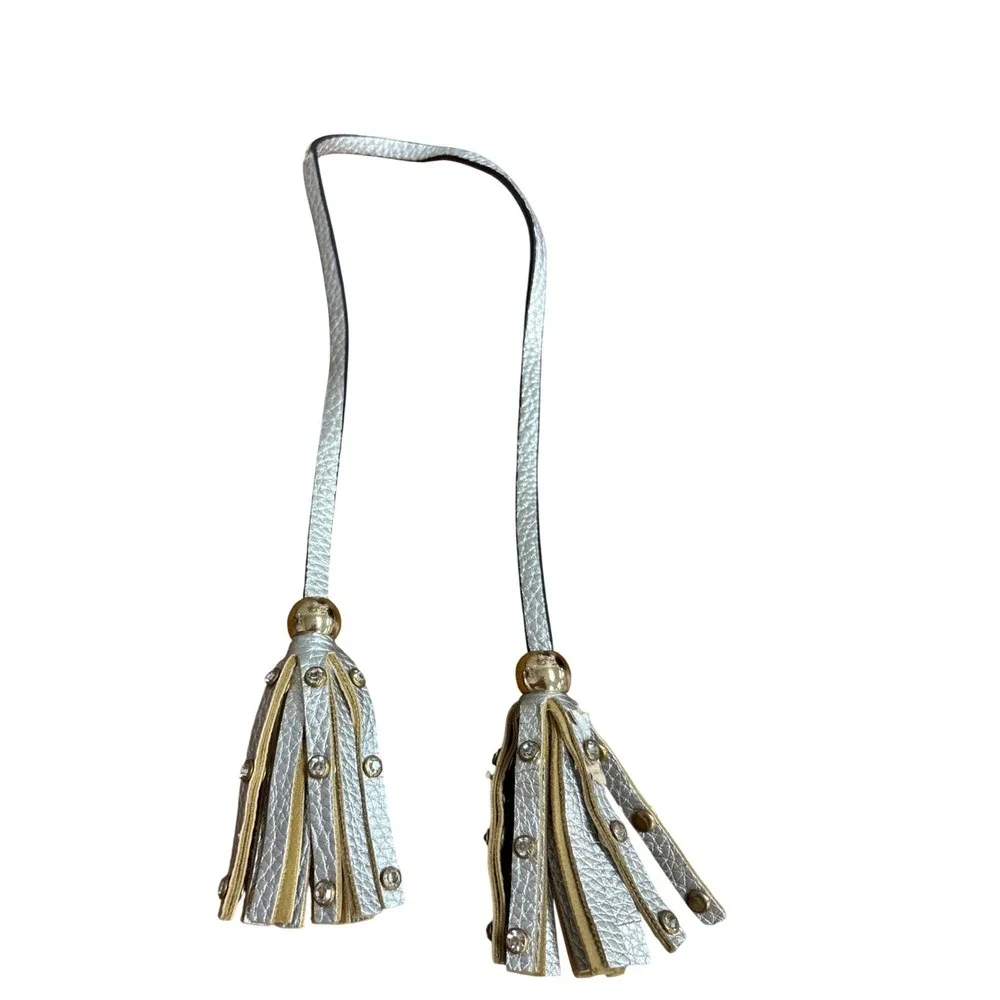 Metallic Pebbled Leather Dual Tassel Bag Charm with Crystal Accents Gold